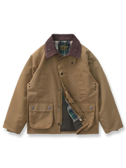 製品画像: "ヴィンテージコーデュロイ襟オイルドハンティングジャケットの正面ビュー、防風・防水のクラシックデザイン"
詳細画像: "コーデュロイ襟とYKKダブルジッパーのディテール特写、耐久性のあるオイルド加工"