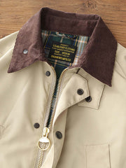 製品画像: "ヴィンテージコーデュロイ襟オイルドハンティングジャケットの正面ビュー、防風・防水のクラシックデザイン"
詳細画像: "コーデュロイ襟とYKKダブルジッパーのディテール特写、耐久性のあるオイルド加工"