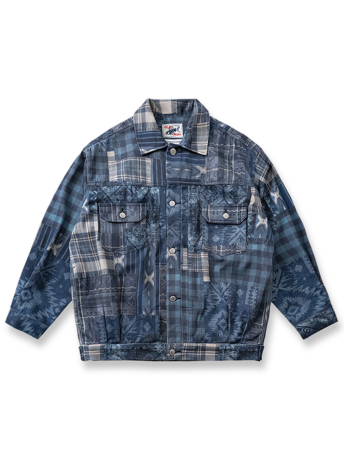 製品画像: "インディアンエスニック柄ヴィンテージジャケットの正面ビュー、アメリカンワークスタイルのデザイン"
詳細画像: "カスタムパターンと胸のダブルポケットのディテール特写、ヴィンテージ風のデザイン"