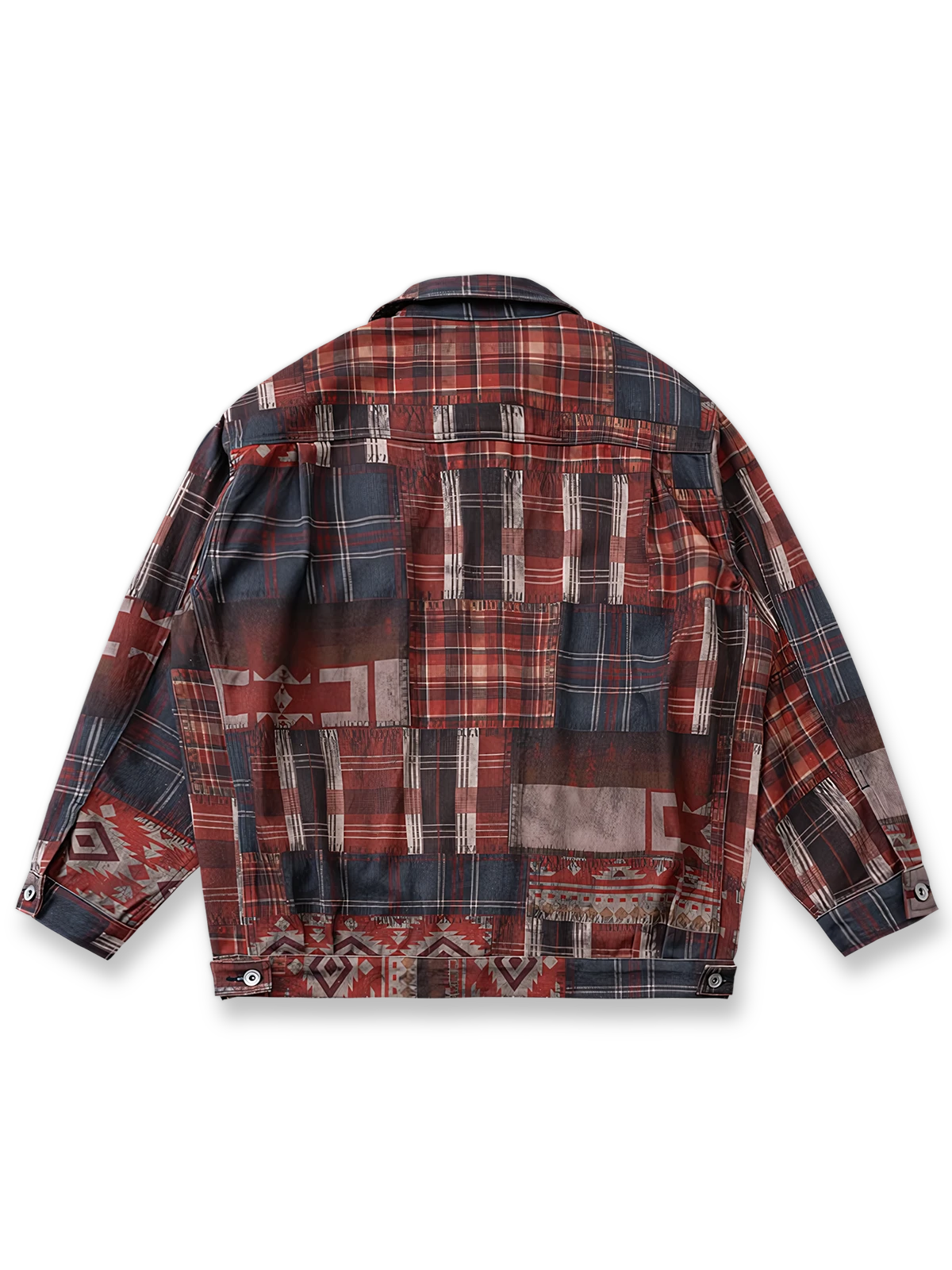 製品画像: "インディアンエスニック柄ヴィンテージジャケットの正面ビュー、アメリカンワークスタイルのデザイン"
詳細画像: "カスタムパターンと胸のダブルポケットのディテール特写、ヴィンテージ風のデザイン"