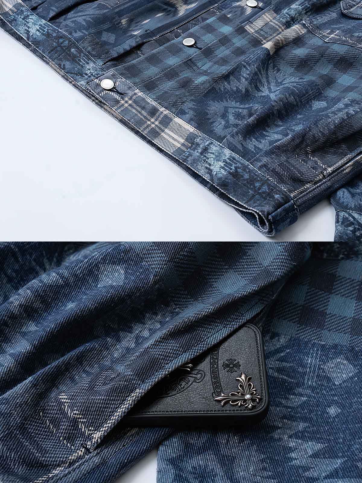 製品画像: "インディアンエスニック柄ヴィンテージジャケットの正面ビュー、アメリカンワークスタイルのデザイン"
詳細画像: "カスタムパターンと胸のダブルポケットのディテール特写、ヴィンテージ風のデザイン"