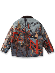 製品画像: "三国関羽プリント中綿ジャケットの正面ビュー、東洋ヴィンテージスタイルを強調したデザイン"
詳細画像: "三国関羽のテーマプリントのディテールと高品質コットン素材の特写、独特なデザイン"