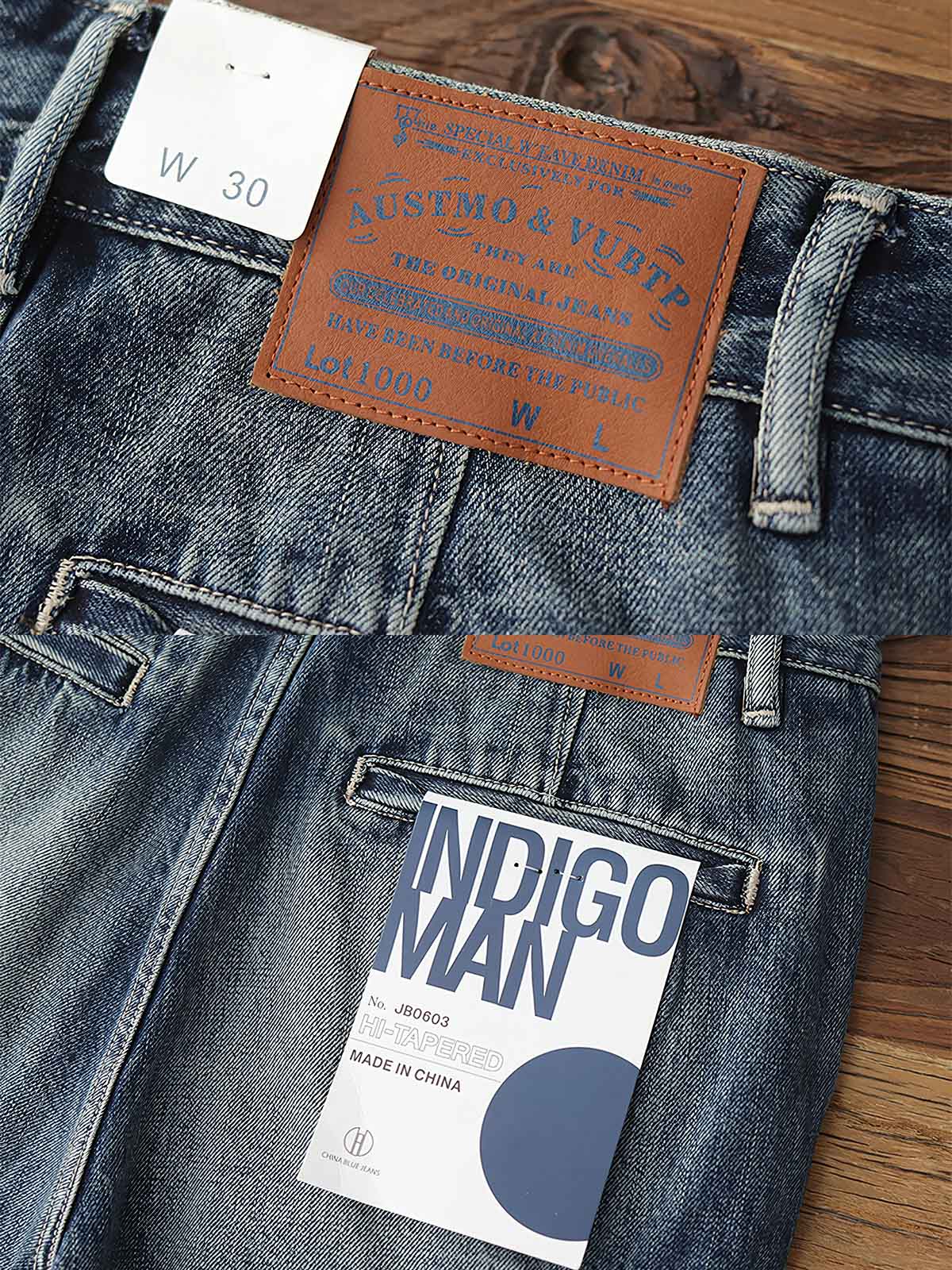 製品画像: レトロウォッシュ加工のヘビーウェイトデニムワークパンツのフロントビュー
詳細画像: サイドポケットとレザー調整バックルのディテール特写