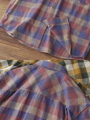 製品画像: アメカジスタイルのレトロ起毛チェックシャツのフロントビュー
詳細画像: ヘリンボーン起毛生地と実用的な胸元ポケットのディテール特写