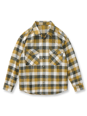 製品画像: アメカジスタイルのレトロ起毛チェックシャツのフロントビュー
詳細画像: ヘリンボーン起毛生地と実用的な胸元ポケットのディテール特写