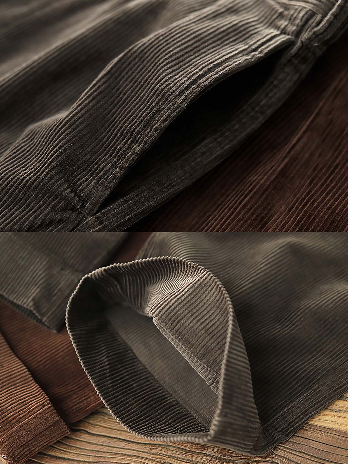 製品画像: "ヴィンテージコーデュロイパンツの正面ビュー、ウォッシュ加工で独特の風合いを持つデザイン"
詳細画像: "コーデュロイの割経起毛とウエストの風紀ボタンデザインの詳細、ヴィンテージ感を演出"