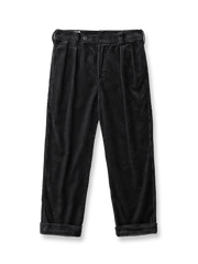 製品画像: "ヴィンテージコーデュロイパンツの正面ビュー、ウォッシュ加工で独特の風合いを持つデザイン"
詳細画像: "コーデュロイの割経起毛とウエストの風紀ボタンデザインの詳細、ヴィンテージ感を演出"