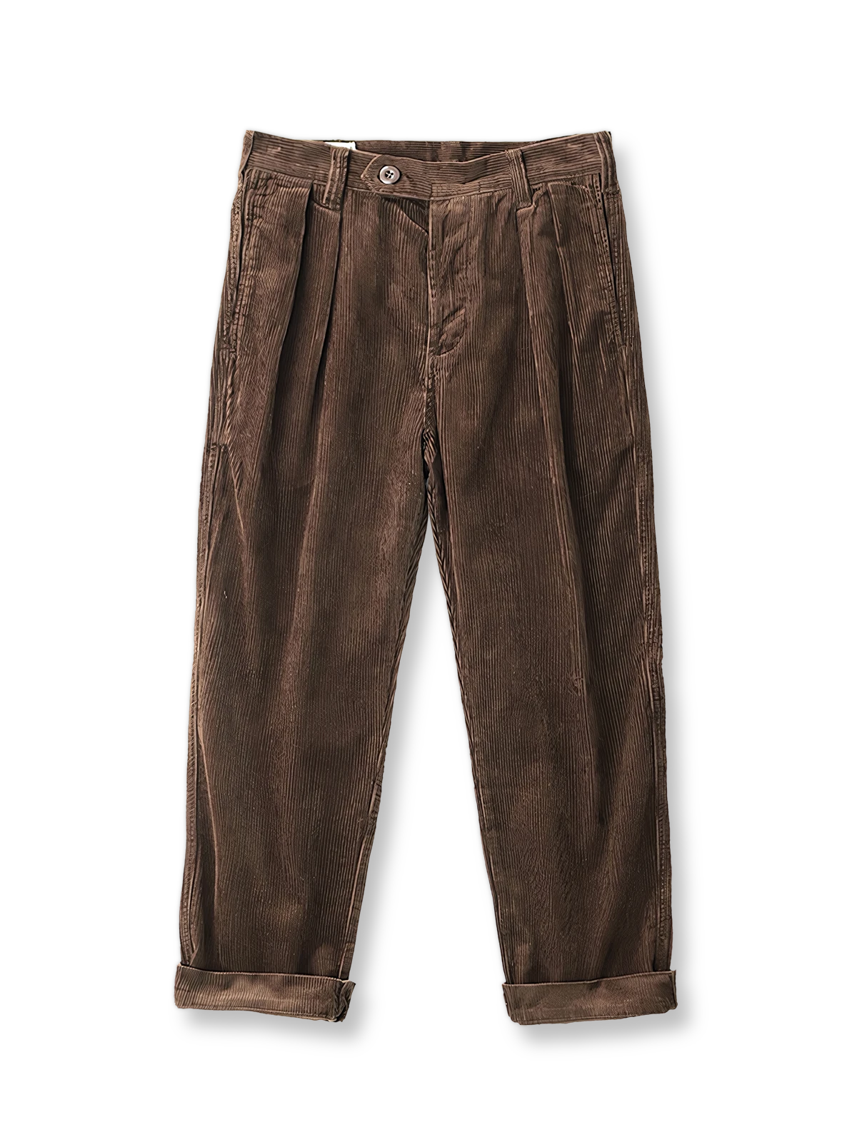 製品画像: "ヴィンテージコーデュロイパンツの正面ビュー、ウォッシュ加工で独特の風合いを持つデザイン"
詳細画像: "コーデュロイの割経起毛とウエストの風紀ボタンデザインの詳細、ヴィンテージ感を演出"