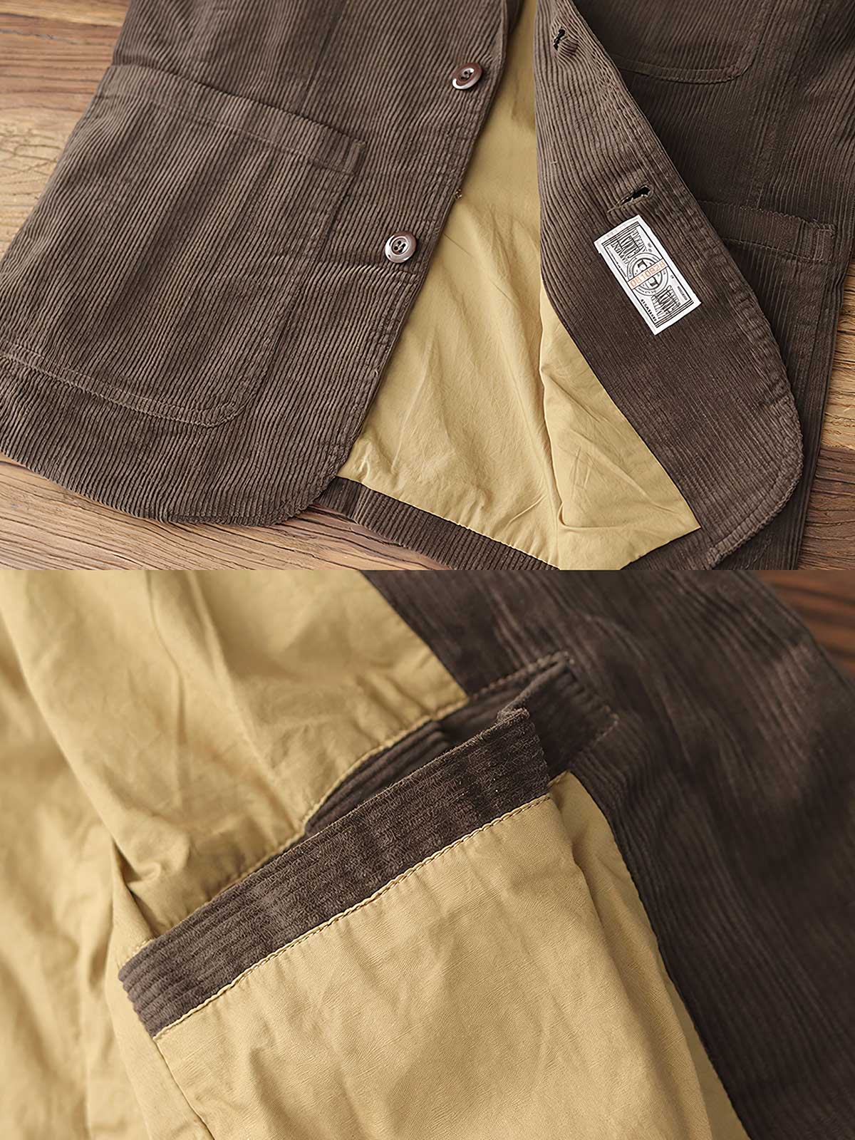 製品画像: "ヘビーコーデュロイレトロブレザージャケットの正面ビュー、アメカジ風のデザイン"
詳細画像: "三つのポケットデザインとコーデュロイのディテール、ウォッシュ加工の風合い"