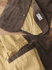 製品画像: "ヘビーコーデュロイレトロブレザージャケットの正面ビュー、アメカジ風のデザイン"
詳細画像: "三つのポケットデザインとコーデュロイのディテール、ウォッシュ加工の風合い"