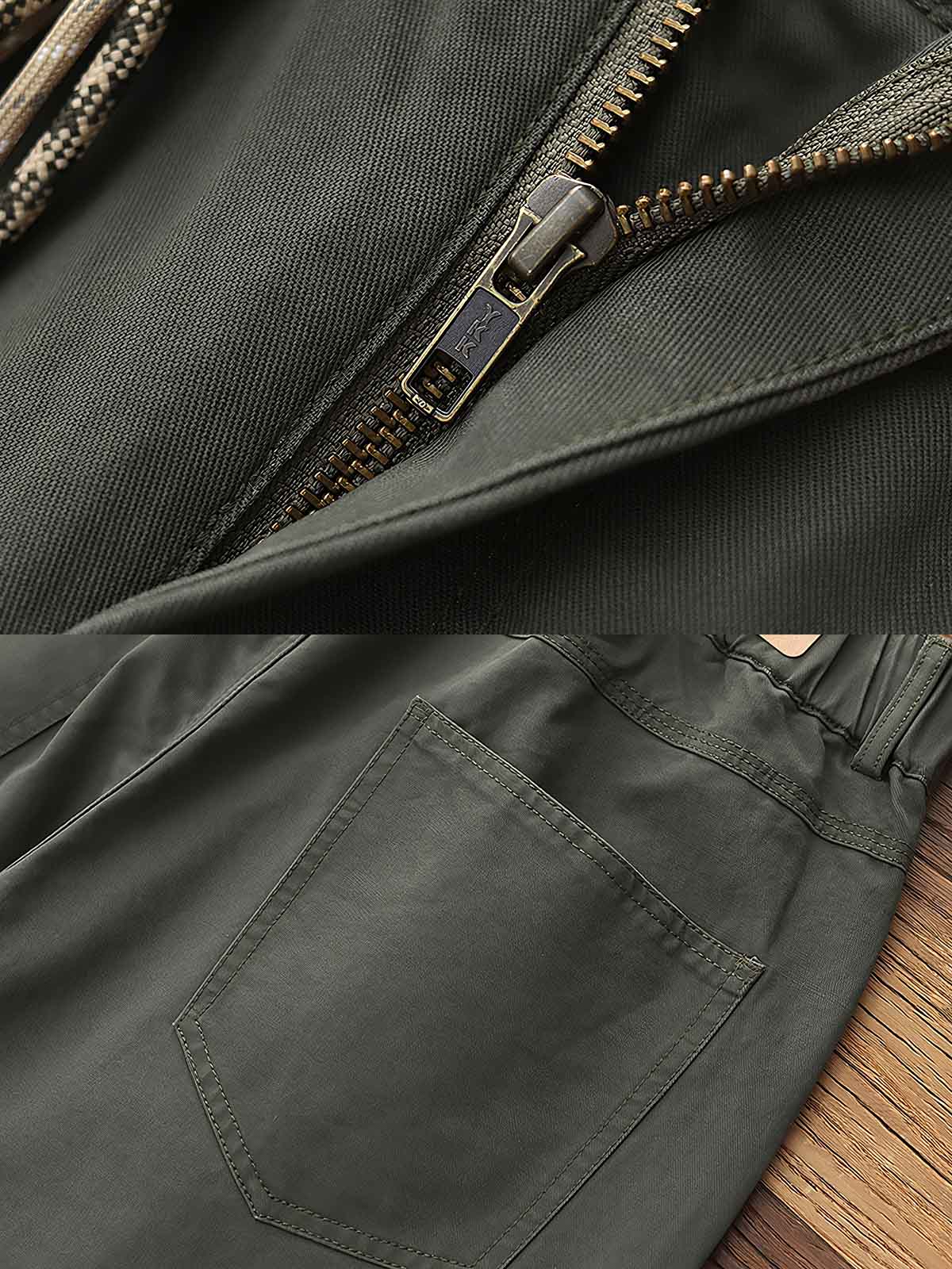 製品画像: "ワークスタイルツイルストレートカジュアルパンツの正面ビュー、クラシックでシンプルなデザイン"
詳細画像: "ジップフライと5ポケットデザインのディテール特写、ウォッシュ加工のツイル素材"