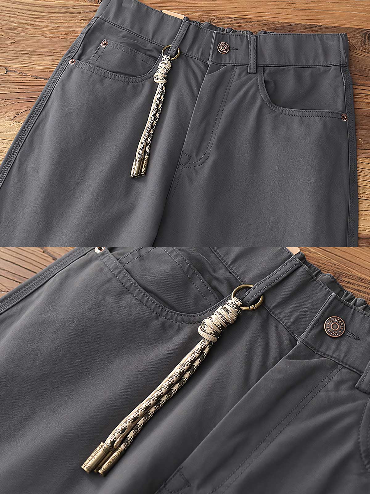 製品画像: "ワークスタイルツイルストレートカジュアルパンツの正面ビュー、クラシックでシンプルなデザイン"
詳細画像: "ジップフライと5ポケットデザインのディテール特写、ウォッシュ加工のツイル素材"