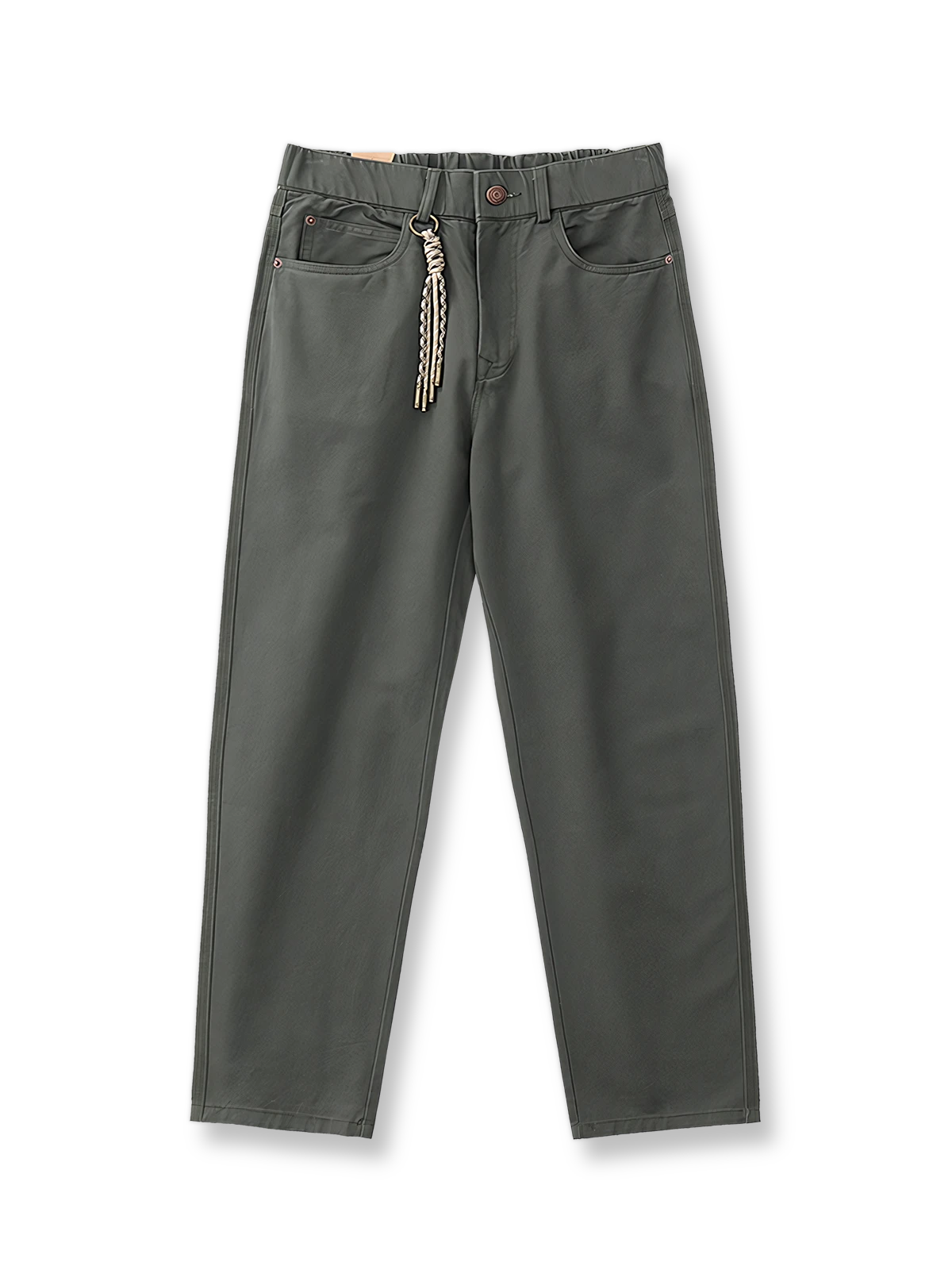 製品画像: "ワークスタイルツイルストレートカジュアルパンツの正面ビュー、クラシックでシンプルなデザイン"
詳細画像: "ジップフライと5ポケットデザインのディテール特写、ウォッシュ加工のツイル素材"