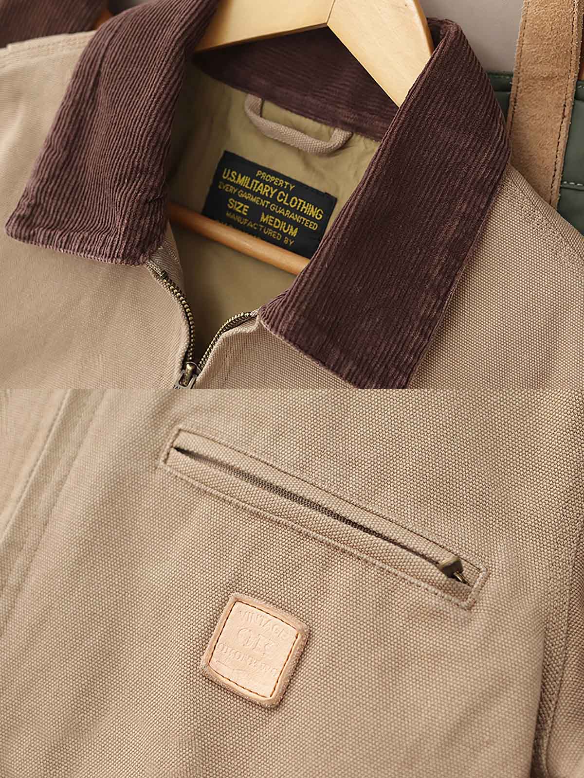 製品画像: "コーデュロイ襟付きハンティングデトロイトキャンバスジャケットの正面ビュー、クラシックなワークスタイル"
詳細画像: "コーデュロイ襟とTalonジッパーのディテール特写、ヴィンテージ感のあるデザイン"