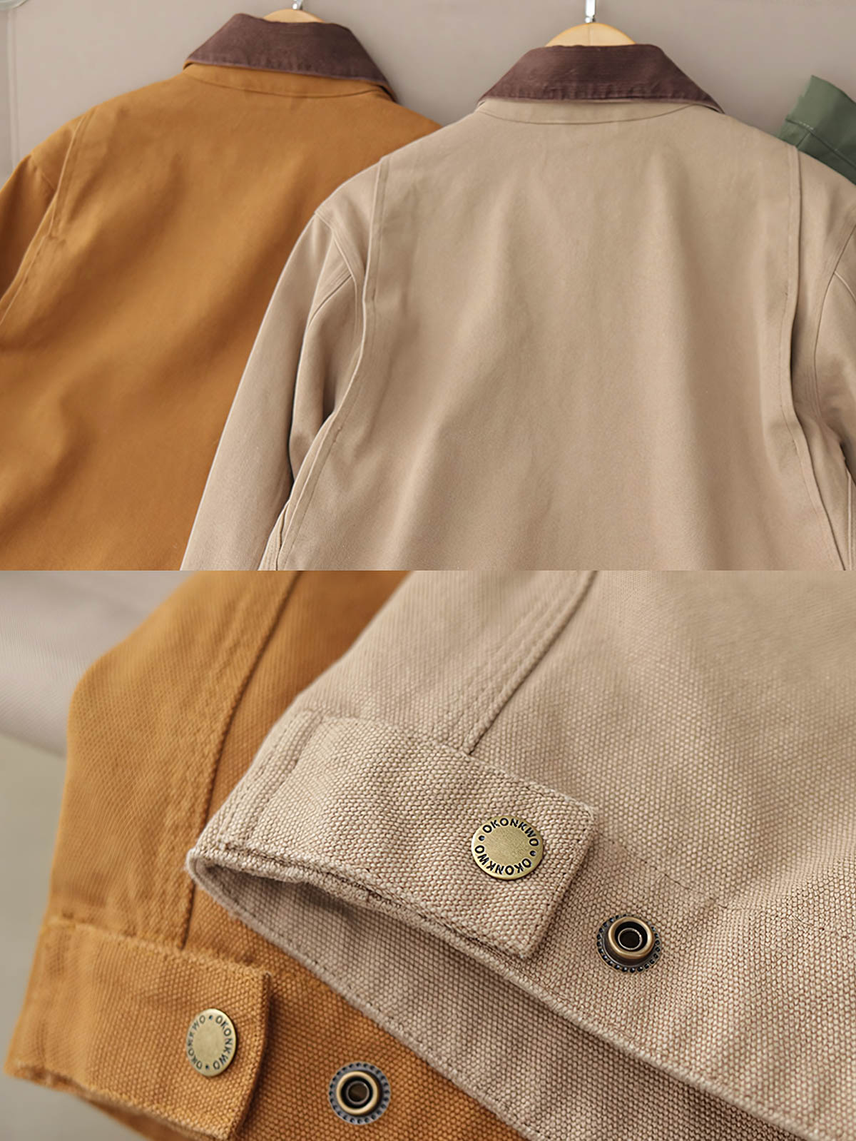 製品画像: "コーデュロイ襟付きハンティングデトロイトキャンバスジャケットの正面ビュー、クラシックなワークスタイル"
詳細画像: "コーデュロイ襟とTalonジッパーのディテール特写、ヴィンテージ感のあるデザイン"