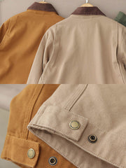 製品画像: "コーデュロイ襟付きハンティングデトロイトキャンバスジャケットの正面ビュー、クラシックなワークスタイル"
詳細画像: "コーデュロイ襟とTalonジッパーのディテール特写、ヴィンテージ感のあるデザイン"