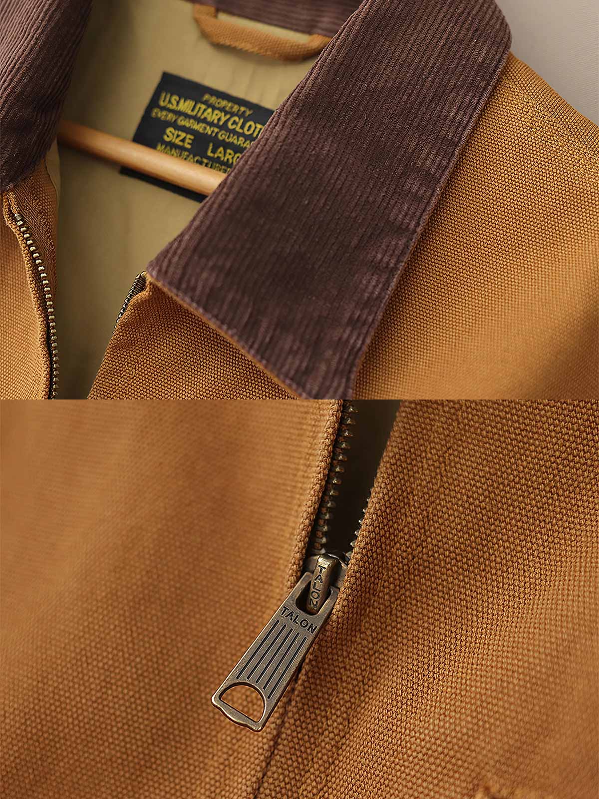 製品画像: "コーデュロイ襟付きハンティングデトロイトキャンバスジャケットの正面ビュー、クラシックなワークスタイル"
詳細画像: "コーデュロイ襟とTalonジッパーのディテール特写、ヴィンテージ感のあるデザイン"