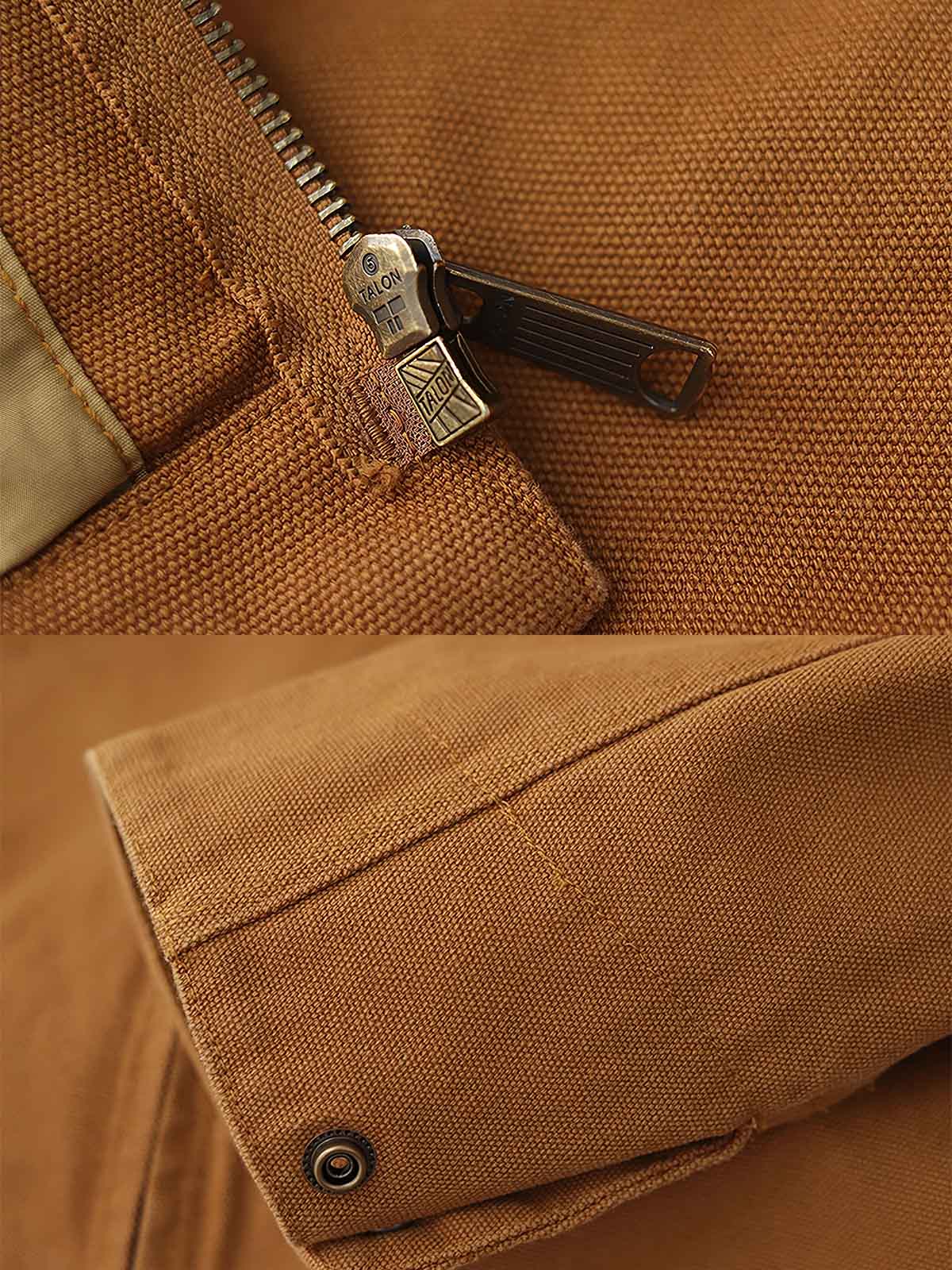 製品画像: "コーデュロイ襟付きハンティングデトロイトキャンバスジャケットの正面ビュー、クラシックなワークスタイル"
詳細画像: "コーデュロイ襟とTalonジッパーのディテール特写、ヴィンテージ感のあるデザイン"