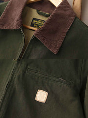 製品画像: "コーデュロイ襟付きハンティングデトロイトキャンバスジャケットの正面ビュー、クラシックなワークスタイル"
詳細画像: "コーデュロイ襟とTalonジッパーのディテール特写、ヴィンテージ感のあるデザイン"