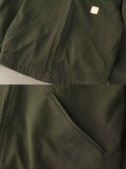 製品画像: "コーデュロイ襟付きハンティングデトロイトキャンバスジャケットの正面ビュー、クラシックなワークスタイル"
詳細画像: "コーデュロイ襟とTalonジッパーのディテール特写、ヴィンテージ感のあるデザイン"