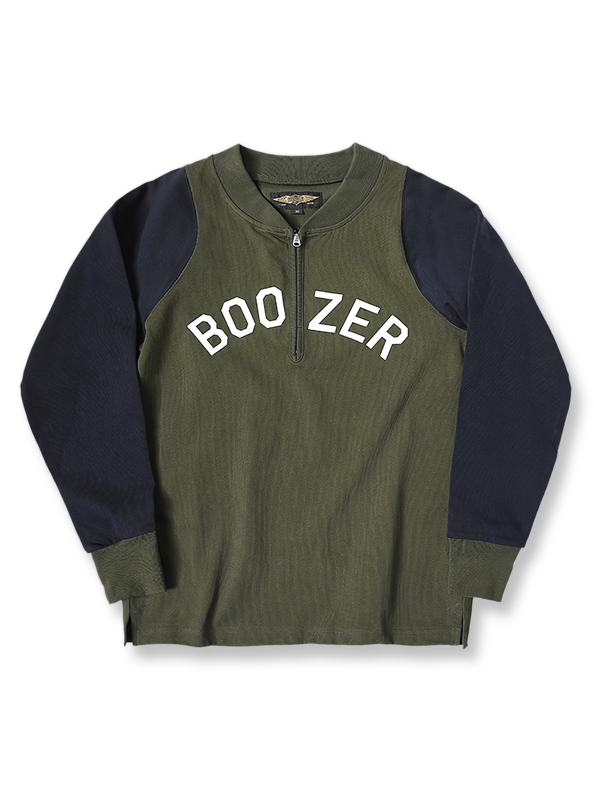 製品画像: ヴィンテージ配色 ラグラン ハーフジップスウェット 正面、クラシックなレトロデザイン
詳細画像: TALONチェーンジッパーと配色デザインのディテール、ヴィンテージ感