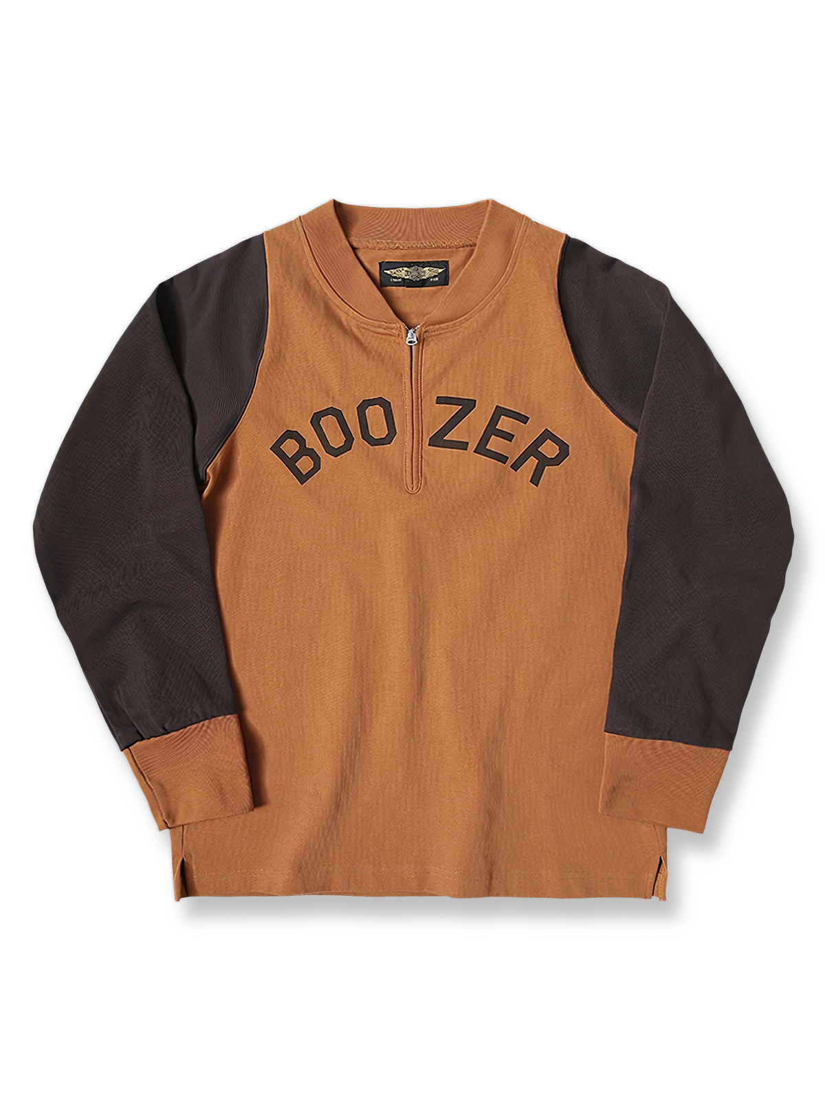 製品画像: ヴィンテージ配色 ラグラン ハーフジップスウェット 正面、クラシックなレトロデザイン
詳細画像: TALONチェーンジッパーと配色デザインのディテール、ヴィンテージ感