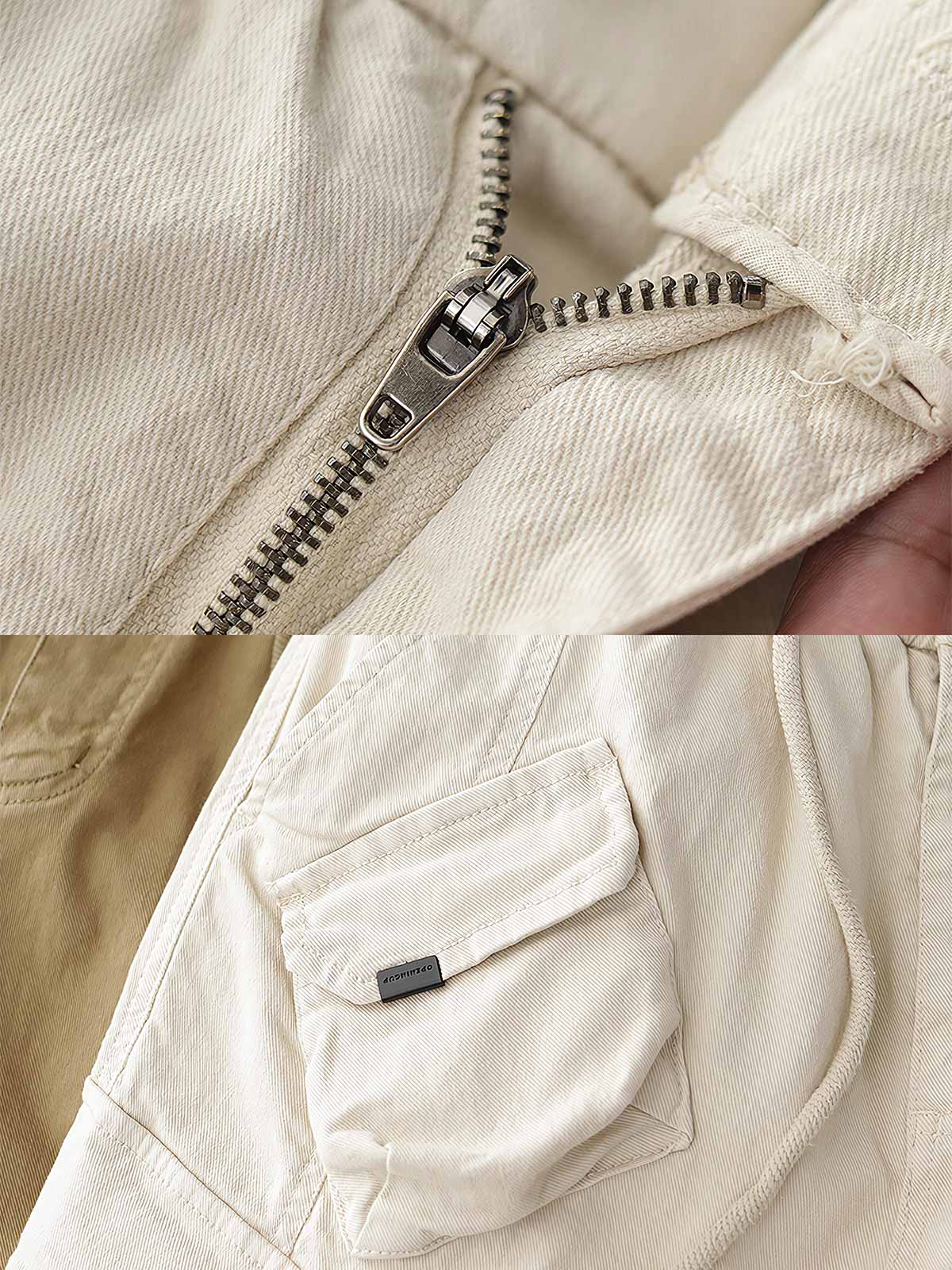 製品画像: ヴィンテージワーク パラシュートジョガーパンツ 正面、ウォッシュ加工とリブウエストデザイン
詳細画像: リブウエストと大きめポケットのディテール、微ストレッチツイル