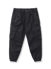 製品画像: ヴィンテージワーク パラシュートジョガーパンツ 正面、ウォッシュ加工とリブウエストデザイン
詳細画像: リブウエストと大きめポケットのディテール、微ストレッチツイル