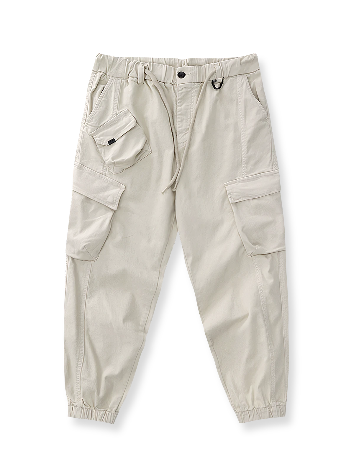 製品画像: ヴィンテージワーク パラシュートジョガーパンツ 正面、ウォッシュ加工とリブウエストデザイン
詳細画像: リブウエストと大きめポケットのディテール、微ストレッチツイル