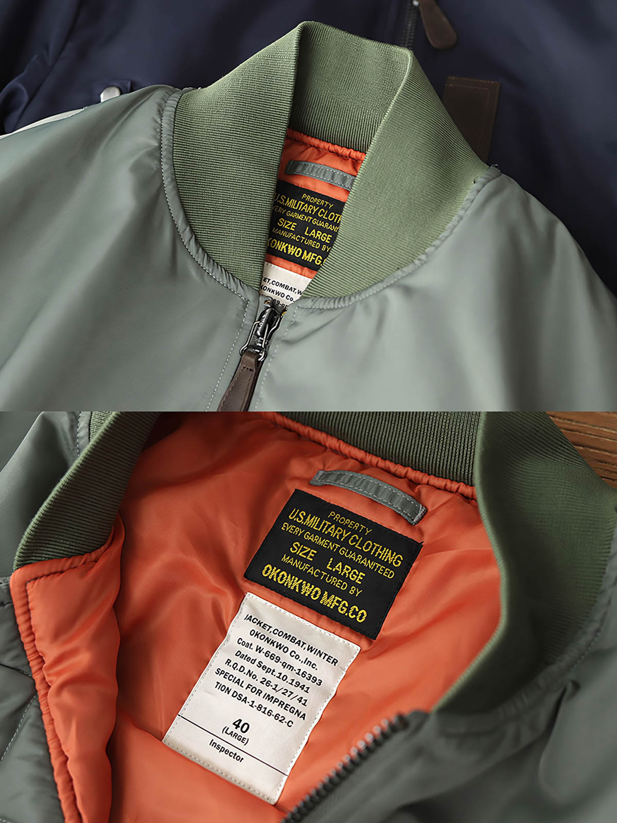 製品画像: MA-1 撥水性 厚手 フライトジャケット 正面、レトロなデザインと実用性
詳細画像: TALON No.10ジッパーとシグネチャースリーブポケットのディテール、耐久性と高級感