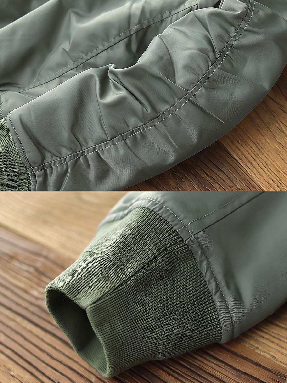 製品画像: MA-1 撥水性 厚手 フライトジャケット 正面、レトロなデザインと実用性
詳細画像: TALON No.10ジッパーとシグネチャースリーブポケットのディテール、耐久性と高級感