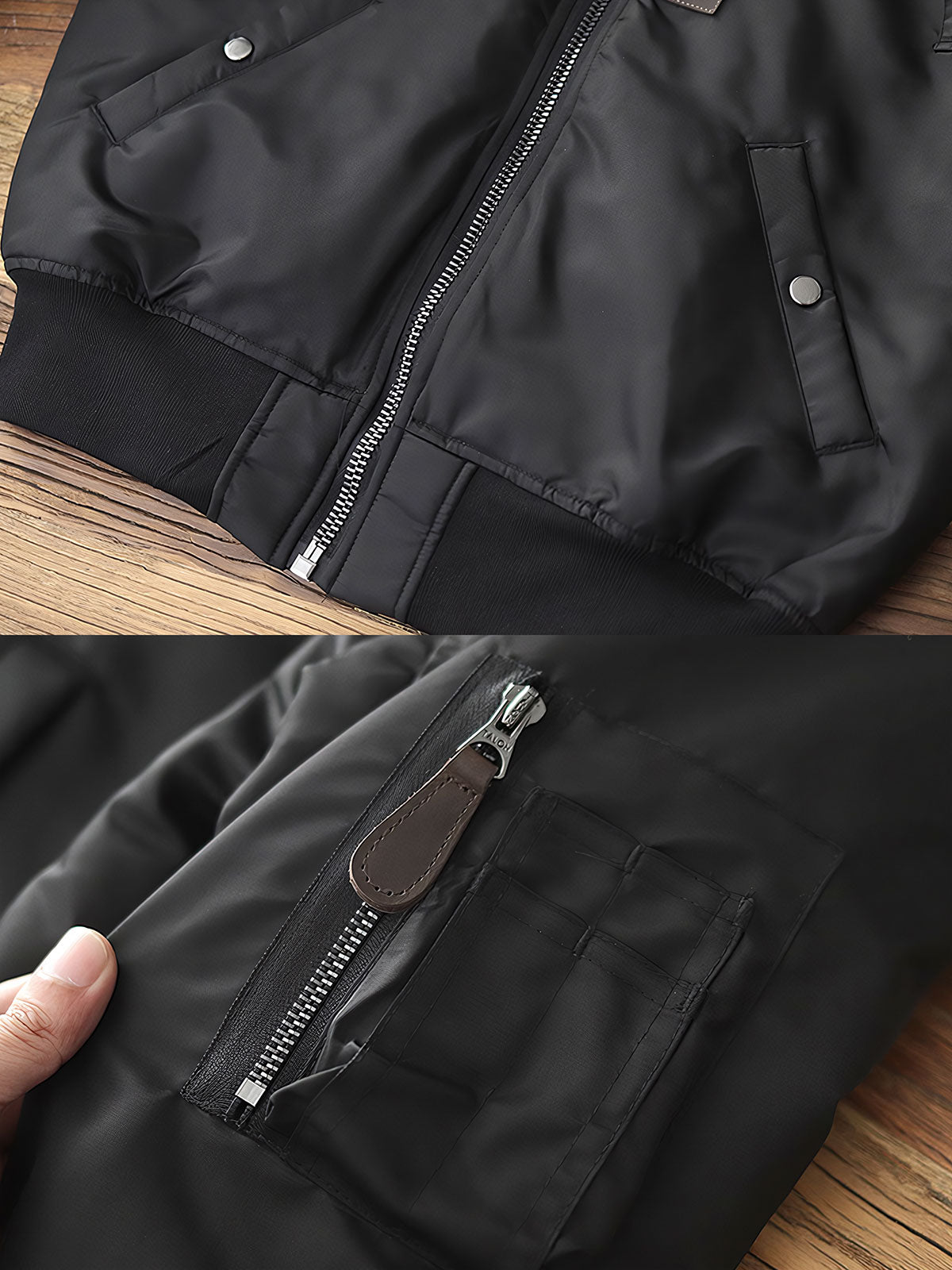 製品画像: MA-1 撥水性 厚手 フライトジャケット 正面、レトロなデザインと実用性
詳細画像: TALON No.10ジッパーとシグネチャースリーブポケットのディテール、耐久性と高級感