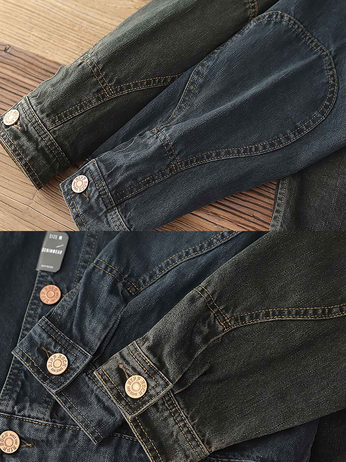 製品画像: アメリカンレトロ風 ルーズフィット ウォッシュ加工デニムワークジャケット 正面、ヴィンテージ感のあるデザイン
詳細画像: 背面の刺繍と銅色ボタンのディテール、クラシックなアクセント