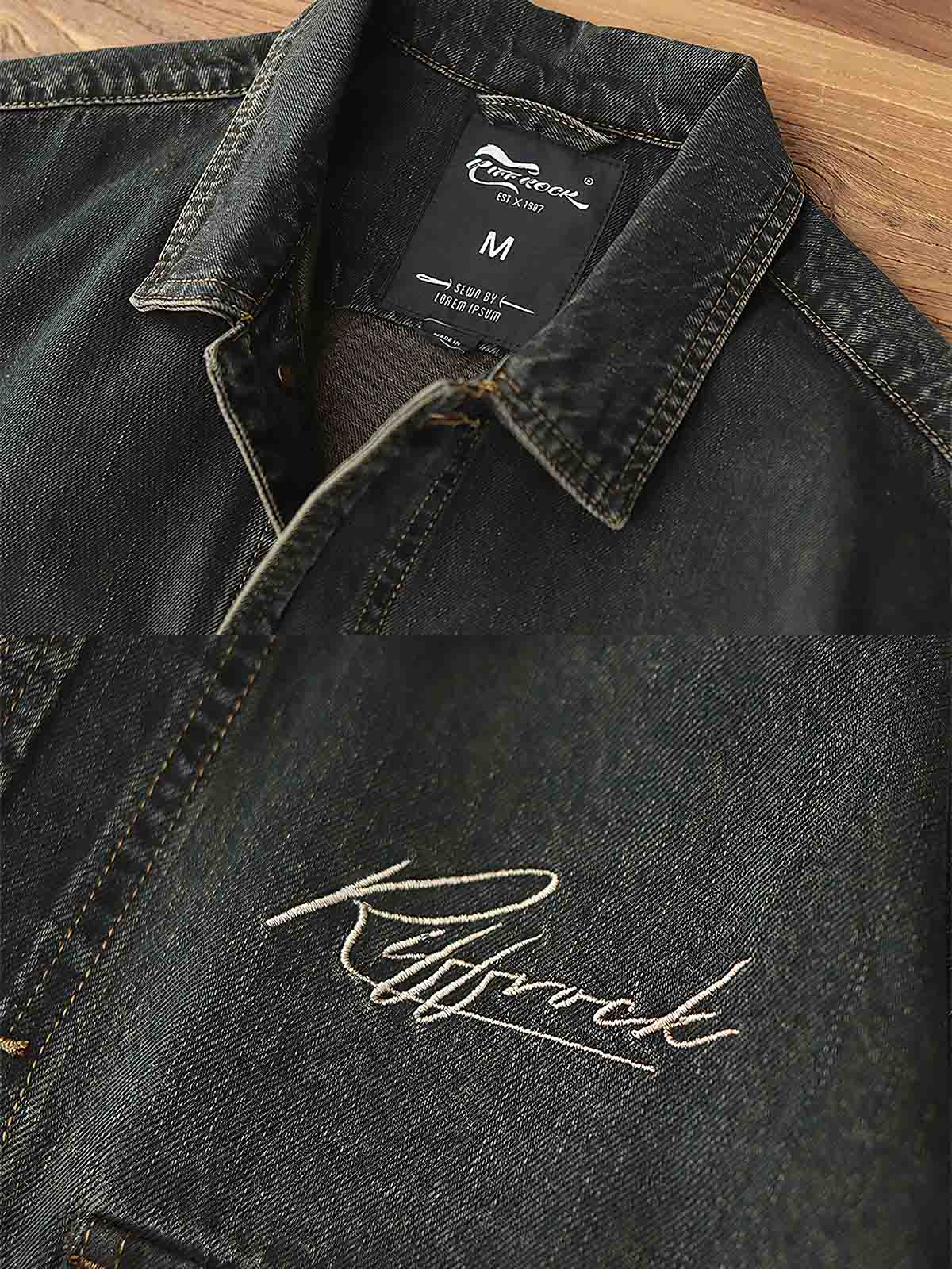 製品画像: アメリカンレトロ風 ルーズフィット ウォッシュ加工デニムワークジャケット 正面、ヴィンテージ感のあるデザイン
詳細画像: 背面の刺繍と銅色ボタンのディテール、クラシックなアクセント