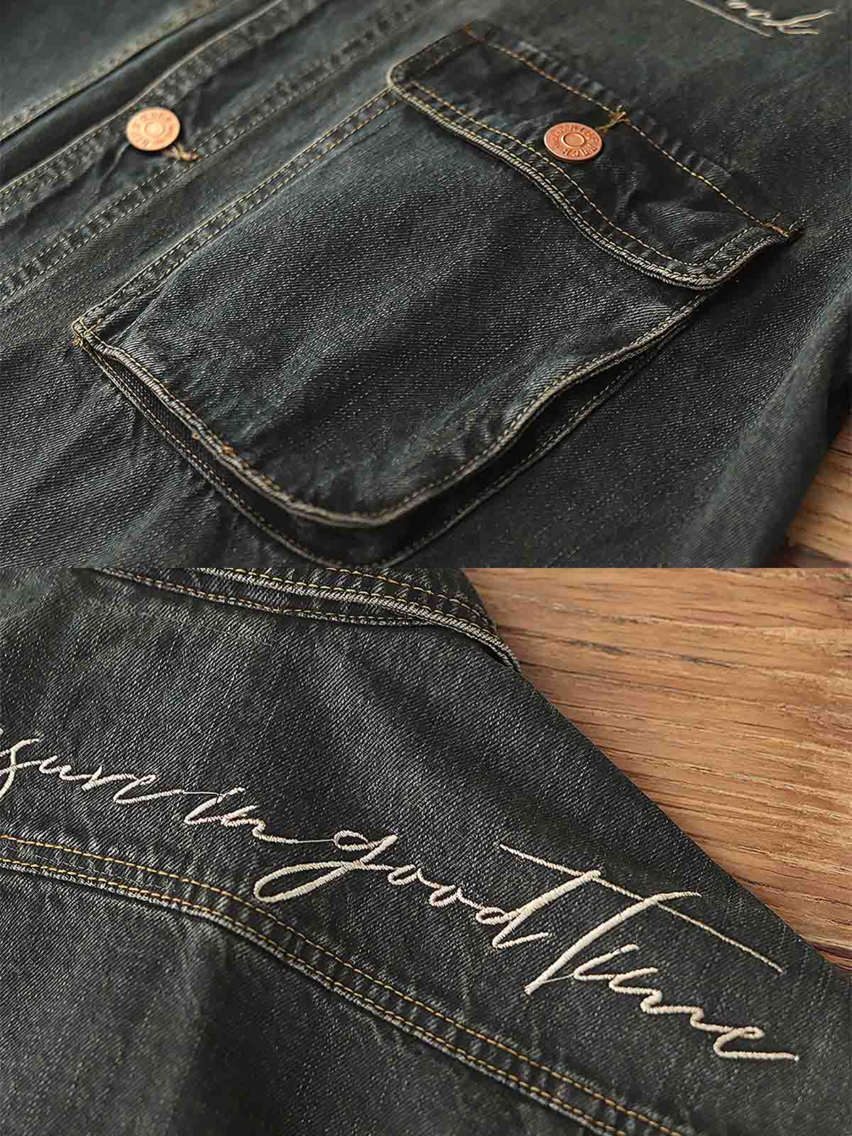 製品画像: アメリカンレトロ風 ルーズフィット ウォッシュ加工デニムワークジャケット 正面、ヴィンテージ感のあるデザイン
詳細画像: 背面の刺繍と銅色ボタンのディテール、クラシックなアクセント