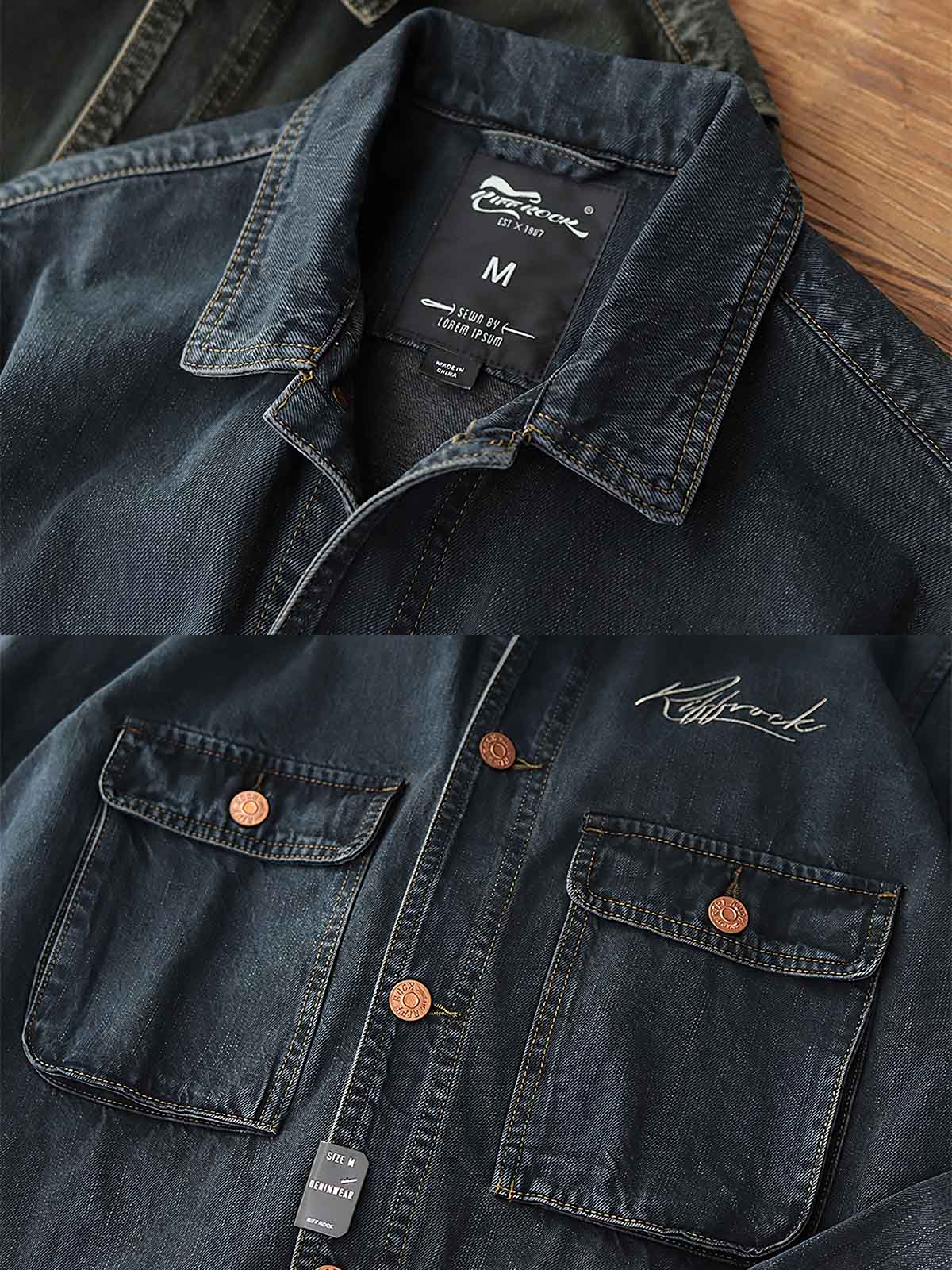 製品画像: アメリカンレトロ風 ルーズフィット ウォッシュ加工デニムワークジャケット 正面、ヴィンテージ感のあるデザイン
詳細画像: 背面の刺繍と銅色ボタンのディテール、クラシックなアクセント