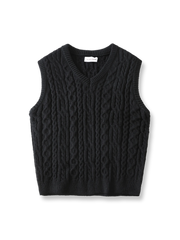 製品画像: アメリカンレトロ風 アランケーブルジャカードニットベスト 正面、ヴィンテージ感とクラシックデザイン
詳細画像: 厚手の襟元と袖口デザインのディテール、暖かく快適