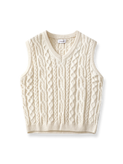 製品画像: アメリカンレトロ風 アランケーブルジャカードニットベスト 正面、ヴィンテージ感とクラシックデザイン
詳細画像: 厚手の襟元と袖口デザインのディテール、暖かく快適