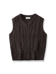 製品画像: アメリカンレトロ風 アランケーブルジャカードニットベスト 正面、ヴィンテージ感とクラシックデザイン
詳細画像: 厚手の襟元と袖口デザインのディテール、暖かく快適