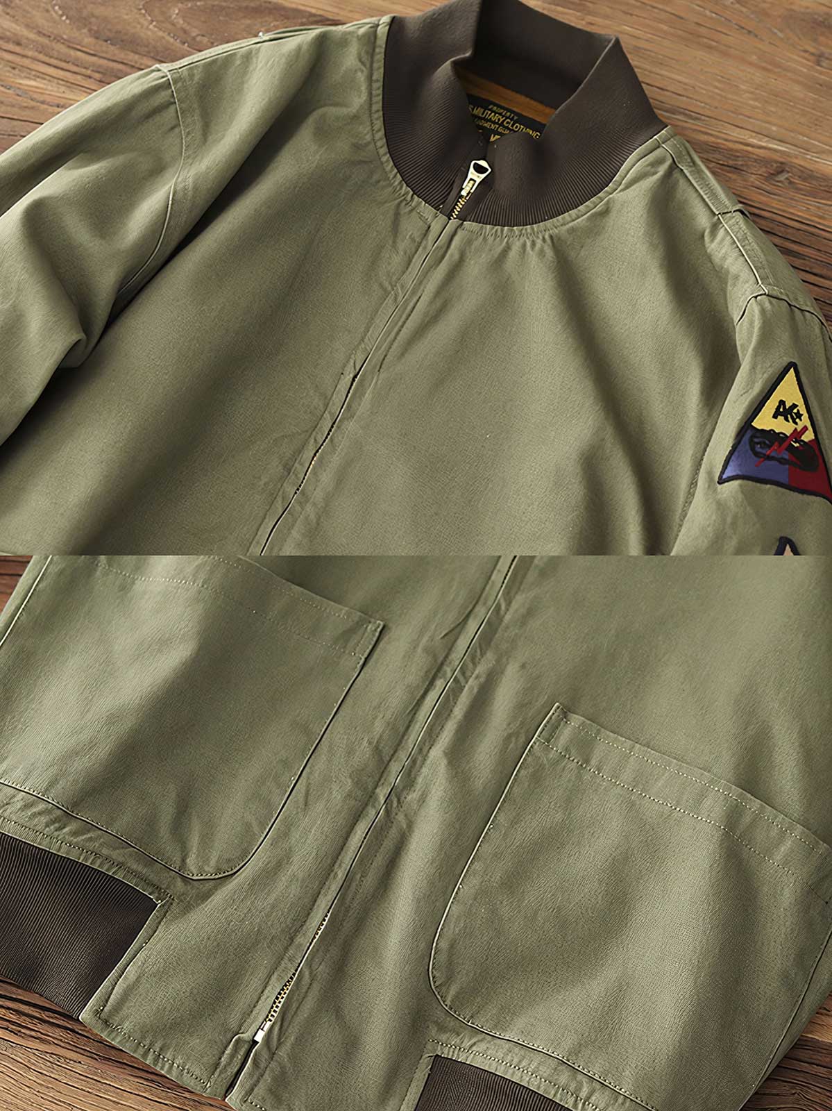 製品画像: 裏起毛 防寒 ミリタリー タンカージャケット 正面
詳細画像: TALONジッパーとトリコロール刺繍ワッペン ディテール