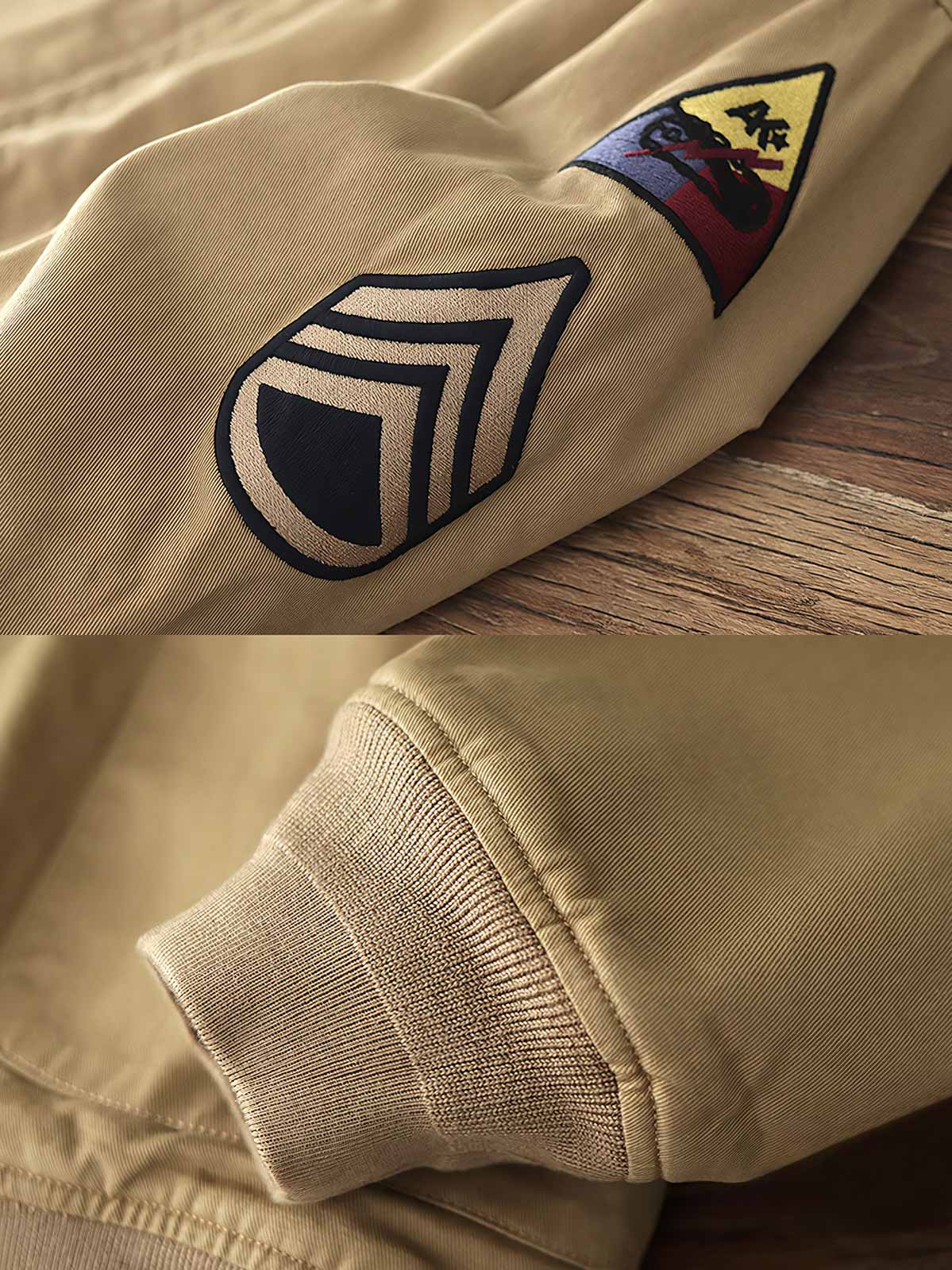 製品画像: 裏起毛 防寒 ミリタリー タンカージャケット 正面
詳細画像: TALONジッパーとトリコロール刺繍ワッペン ディテール