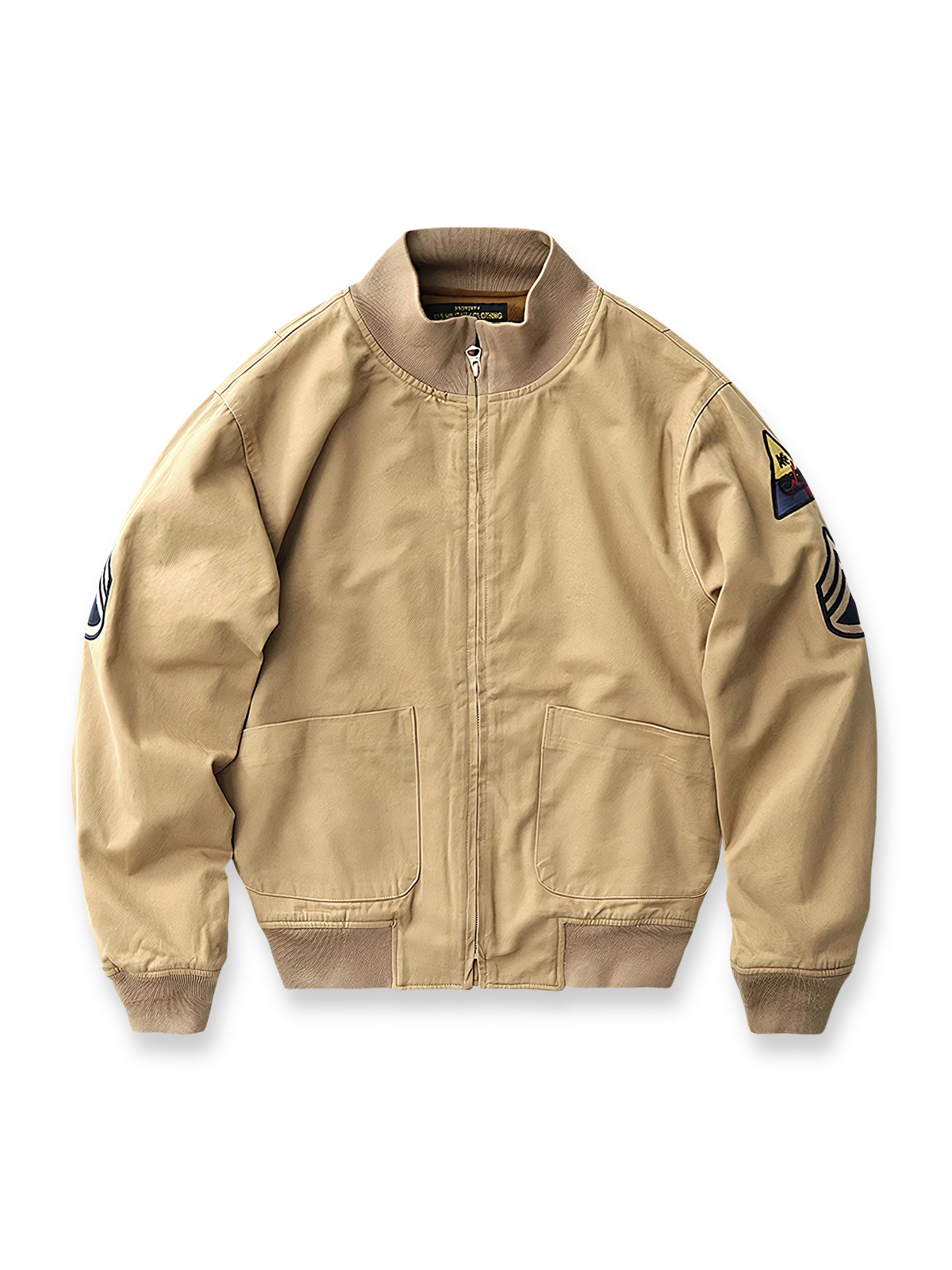 製品画像: 裏起毛 防寒 ミリタリー タンカージャケット 正面
詳細画像: TALONジッパーとトリコロール刺繍ワッペン ディテール