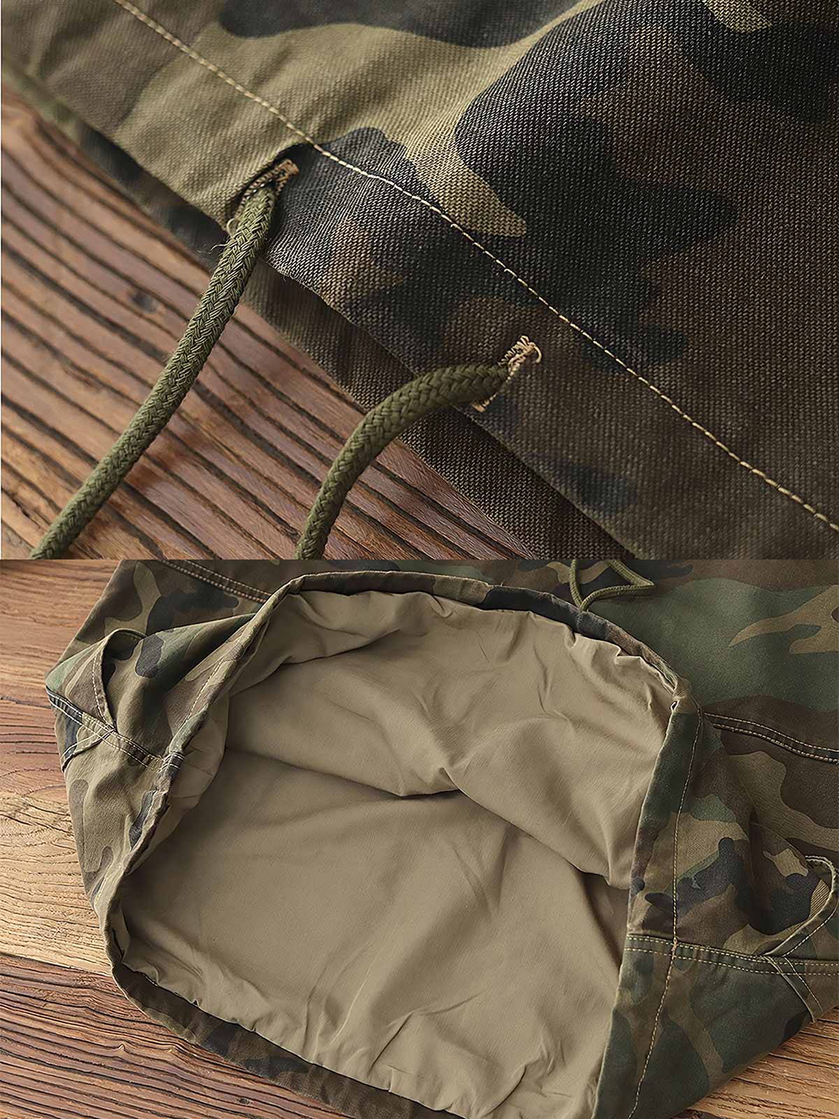 製品画像: アメリカンレトロ風 虎柄迷彩 フード付き ハーフジップ アウトドア ワークジャケット 正面
詳細画像: ハーフジップと大きなフラップポケット ディテール