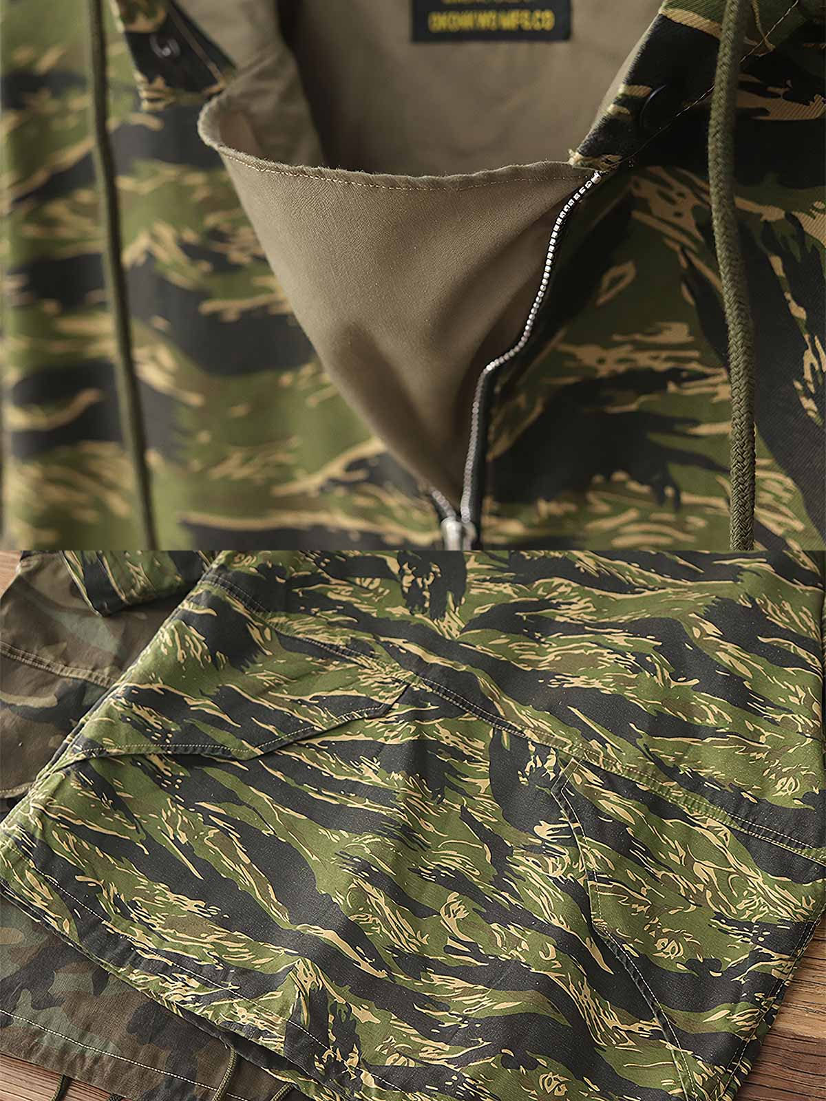 製品画像: アメリカンレトロ風 虎柄迷彩 フード付き ハーフジップ アウトドア ワークジャケット 正面
詳細画像: ハーフジップと大きなフラップポケット ディテール