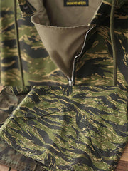 製品画像: アメリカンレトロ風 虎柄迷彩 フード付き ハーフジップ アウトドア ワークジャケット 正面
詳細画像: ハーフジップと大きなフラップポケット ディテール