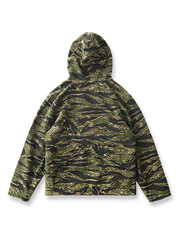 製品画像: アメリカンレトロ風 虎柄迷彩 フード付き ハーフジップ アウトドア ワークジャケット 正面
詳細画像: ハーフジップと大きなフラップポケット ディテール