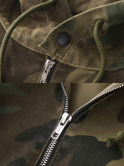 製品画像: アメリカンレトロ風 虎柄迷彩 フード付き ハーフジップ アウトドア ワークジャケット 正面
詳細画像: ハーフジップと大きなフラップポケット ディテール