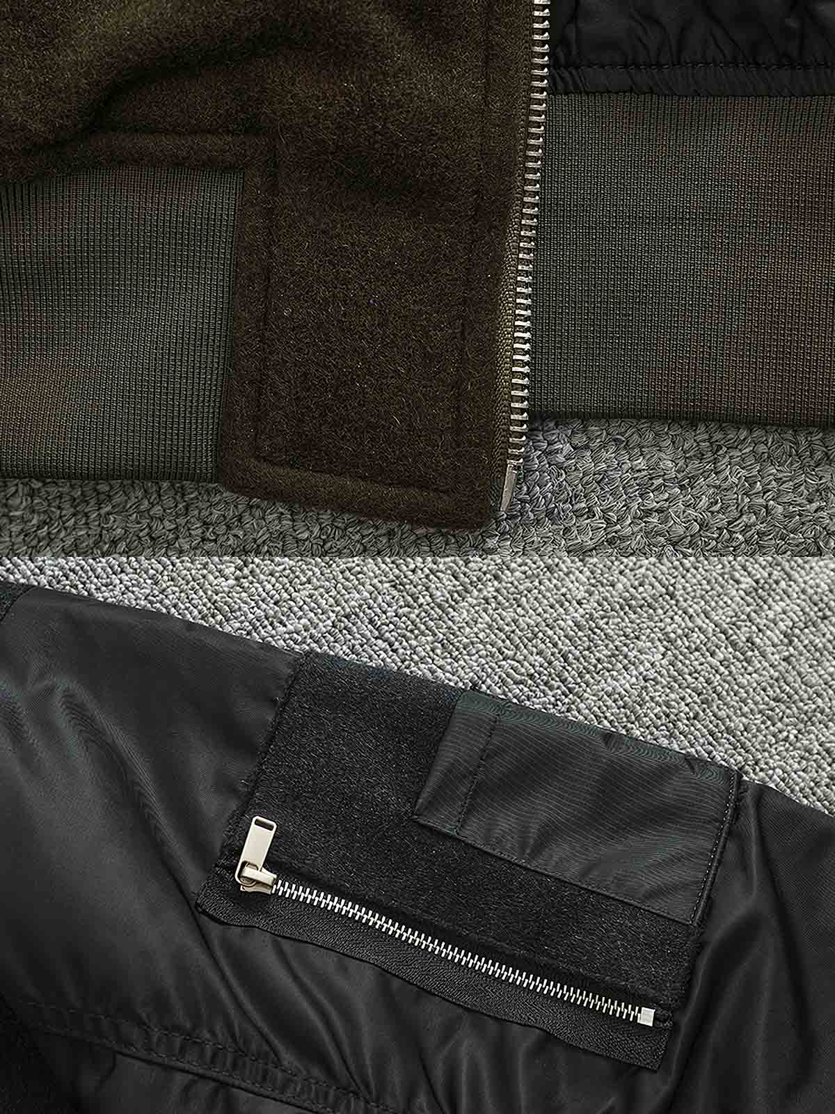 製品画像: ウール配色のレトロ風MA-1フライトジャケットのフロントビュー。パネルデザインとリブカラーが特徴のスタイリッシュなアウター
詳細画像: ウールとポリエステルのパネルデザインとジッパーのディテール。コントラスト配色が映えるレトロ風フライトジャケット