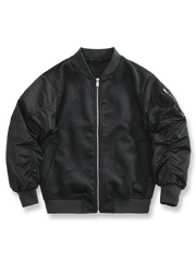 製品画像: ウール配色のレトロ風MA-1フライトジャケットのフロントビュー。パネルデザインとリブカラーが特徴のスタイリッシュなアウター
詳細画像: ウールとポリエステルのパネルデザインとジッパーのディテール。コントラスト配色が映えるレトロ風フライトジャケット