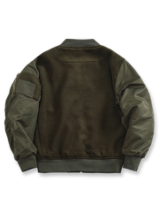 製品画像: ウール配色のレトロ風MA-1フライトジャケットのフロントビュー。パネルデザインとリブカラーが特徴のスタイリッシュなアウター
詳細画像: ウールとポリエステルのパネルデザインとジッパーのディテール。コントラスト配色が映えるレトロ風フライトジャケット